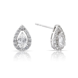 Sterling Silver Created White Sapphire Pear Halo Stud Earrings