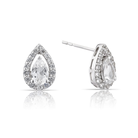 Sterling Silver Created White Sapphire Pear Halo Stud Earrin