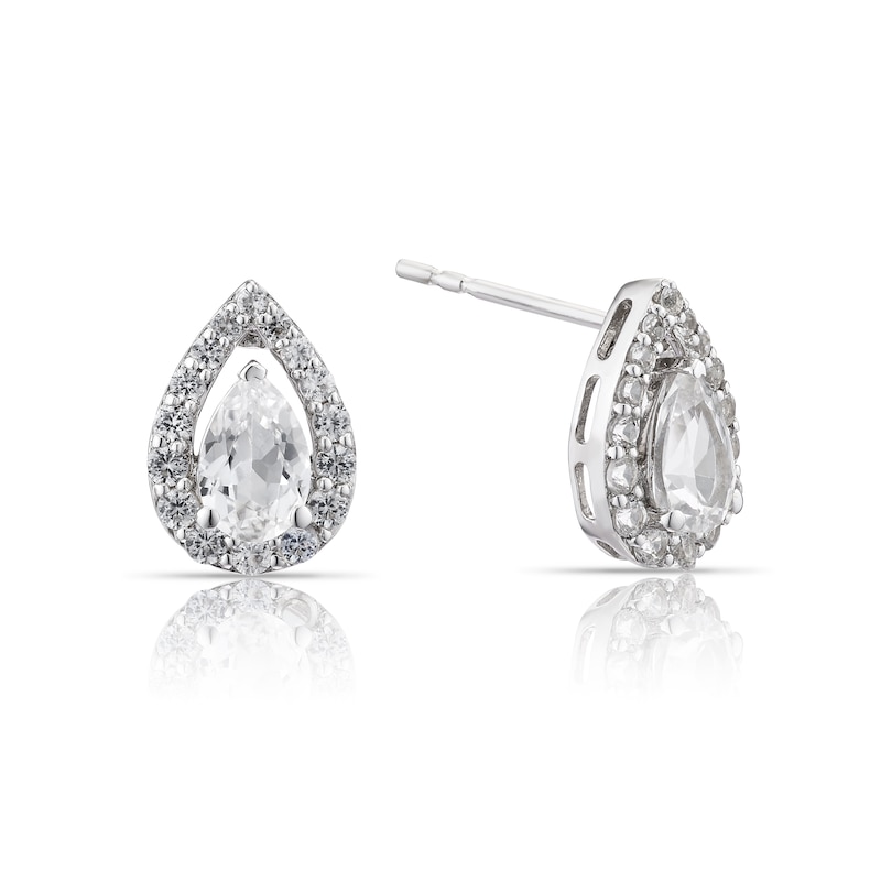 Main Image 1 of Sterling Silver Created White Sapphire Pear Halo Stud Earrings