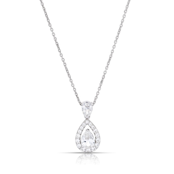 Sterling Silver Created White Sapphire Double Pear Halo Pendant Necklace