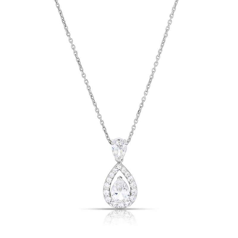 Main Image 1 of Sterling Silver Created White Sapphire Double Pear Halo Pendant Necklace