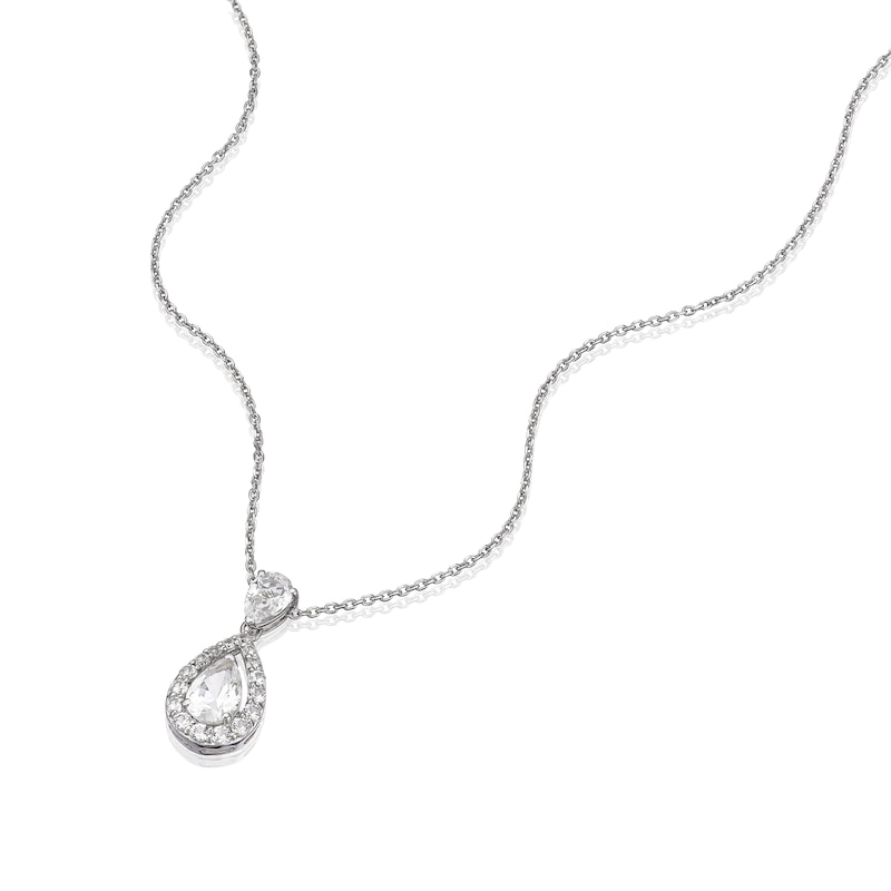 Main Image 2 of Sterling Silver Created White Sapphire Double Pear Halo Pendant Necklace