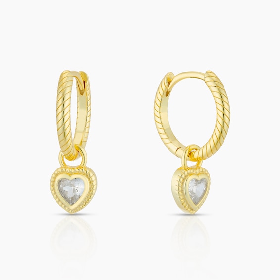 Sterling Silver Yellow Gold Plated Twist Hoop With Heart Cubic Zirconia Charm
