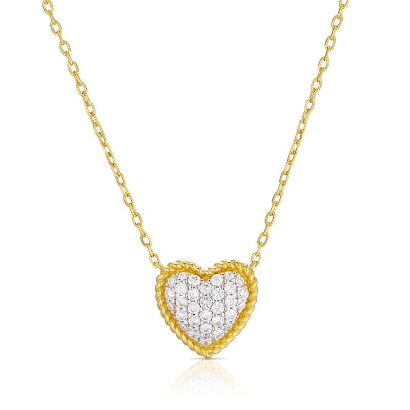 Main Image 1 of Sterling Silver Yellow Gold Plated Cubic Zirconia Pave Heart Pendant Necklace 16+2"