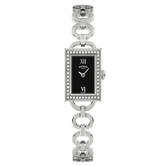 Rotary Women's Cocktail Rectangular Crystal Bezel Black Dial Stainless Steel Bracelet Watch