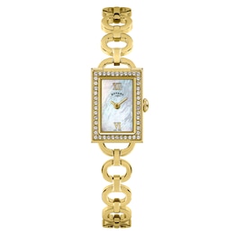 Rotary Women's Cocktail Rectangular Stone Set Mother of Pearl Dial Gold Tone Bracelet Watch