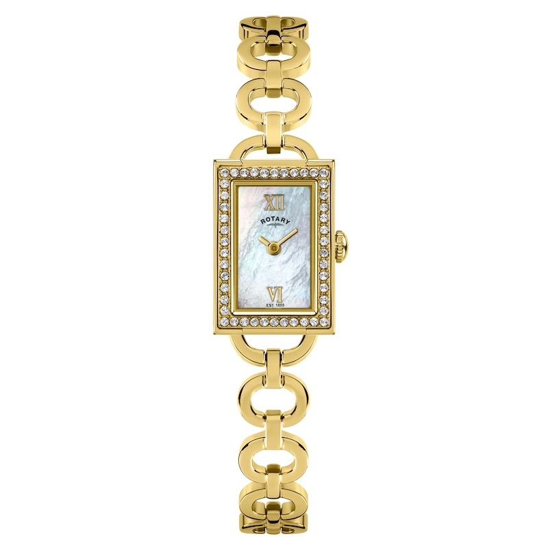 Main Image 1 of Rotary Women's Cocktail Rectangular Stone Set Mother of Pearl Dial Gold Tone Bracelet Watch