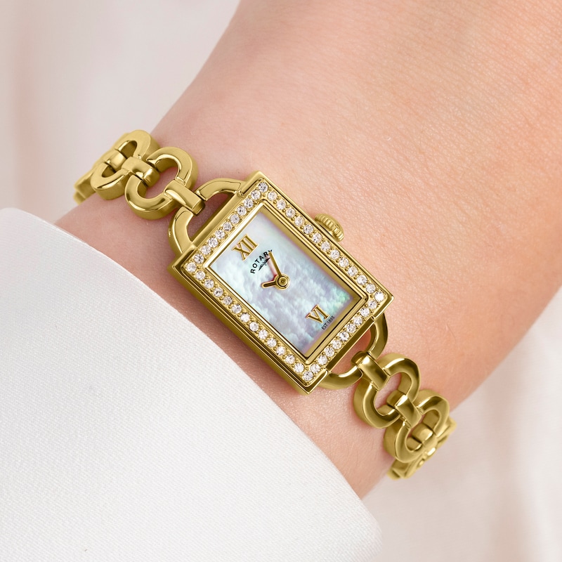 Main Image 3 of Rotary Women's Cocktail Rectangular Stone Set Mother of Pearl Dial Gold Tone Bracelet Watch