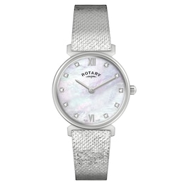 Rotary Women's 1985 Stone Set Mother Of Pearl Dial Stainless Steel Mesh Bracelet Watch