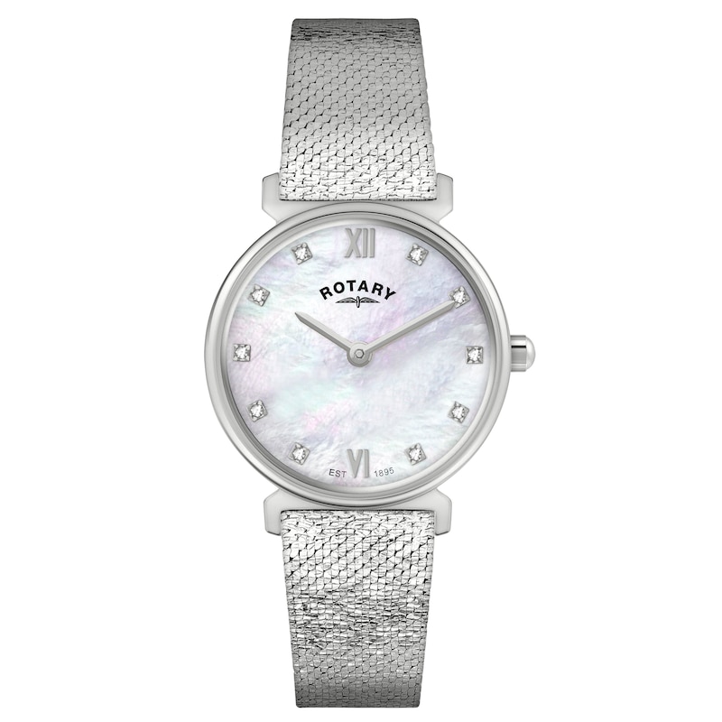 Main Image 1 of Rotary Women's 1985 Stone Set Mother Of Pearl Dial Stainless Steel Mesh Bracelet Watch