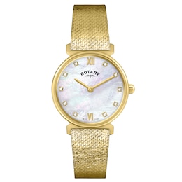 Rotary Women's 1985 Crystal Set Mother Of Pearl Dial Gold Tone Stainless Steel Mesh Bracelet Watch