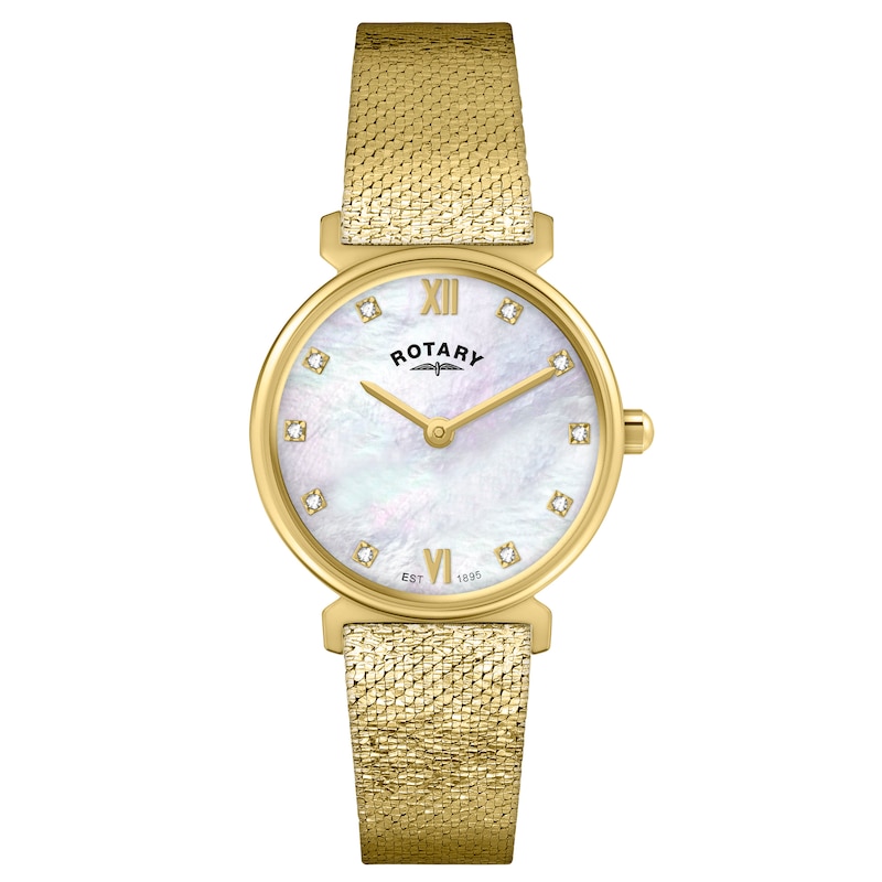 Main Image 1 of Rotary Women's 1985 Crystal Set Mother Of Pearl Dial Gold Tone Stainless Steel Mesh Bracelet Watch