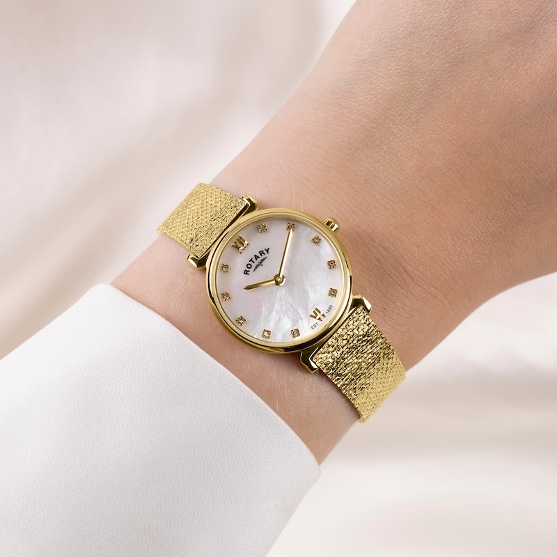 Main Image 3 of Rotary Women's 1985 Crystal Set Mother Of Pearl Dial Gold Tone Stainless Steel Mesh Bracelet Watch