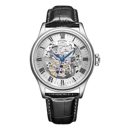 Rotary Men's Greenwich Stainless Steel Skeleton Dial Black Leather Strap Watch