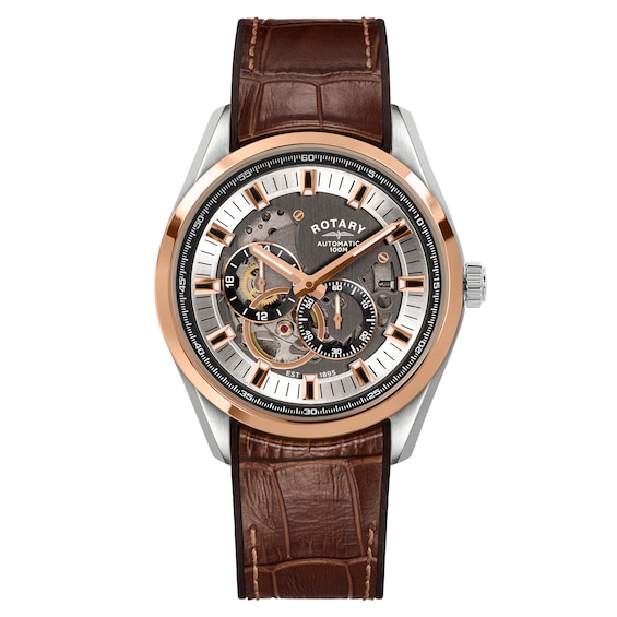 Rotary Men's Seamatic Eclipse Silver & Rose Gold Tone Stainless Steel Brown Leather Strap Watch