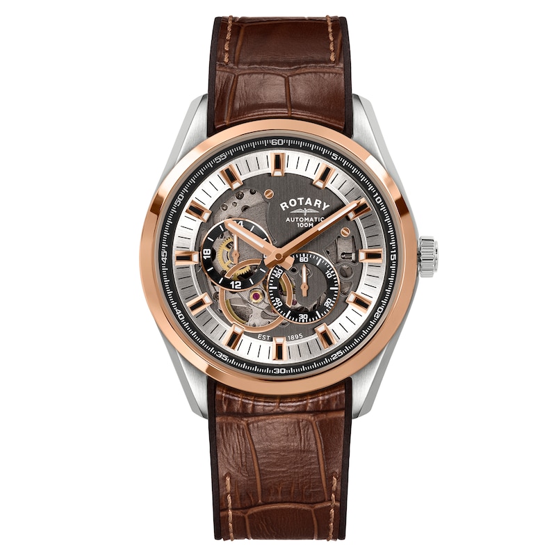 Main Image 1 of Rotary Men's Seamatic Eclipse Silver & Rose Gold Tone Stainless Steel Brown Leather Strap Watch