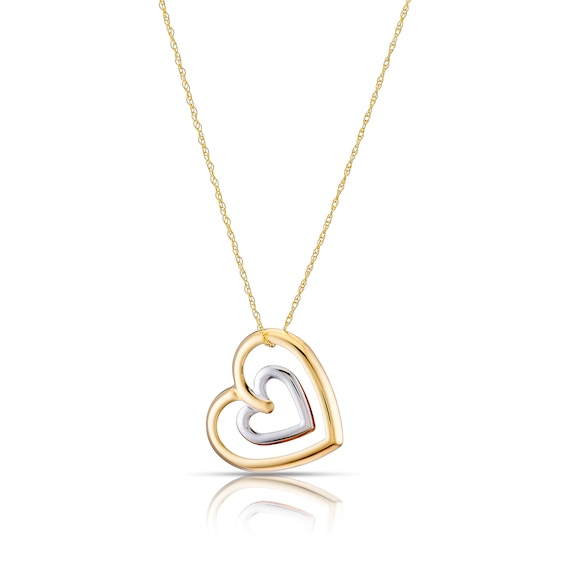 9ct Yellow and White Gold Heart Pendant Necklace 16+2