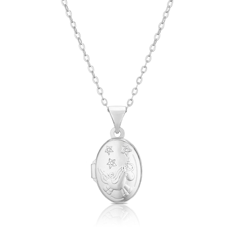 Main Image 1 of Children's Sterling Silver Oval Unicorn Locket 14"+2"