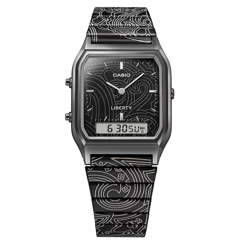 Main Image 2 of Casio x Liberty Collaboration AQ-230ELT-1AER Black Rectangular Dial Patterned Gunmetal Bracelet Watch
