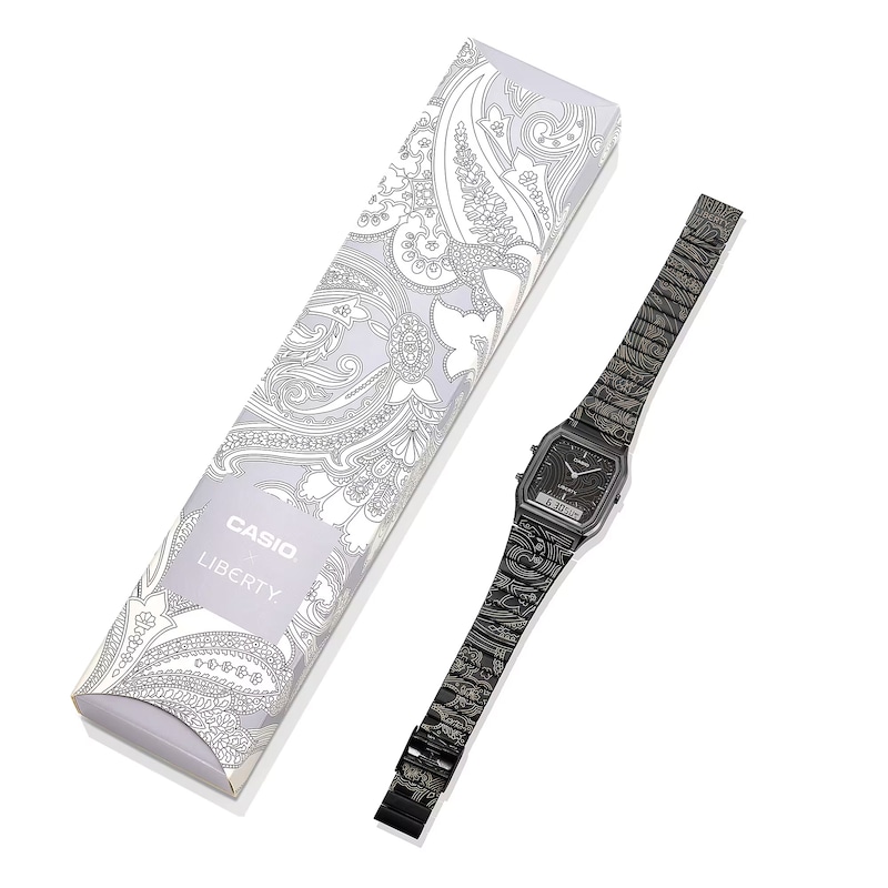 Main Image 9 of Casio x Liberty Collaboration AQ-230ELT-1AER Black Rectangular Dial Patterned Gunmetal Bracelet Watch
