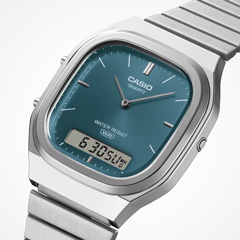 Main Image 4 of Casio AQ-240E-3AVEF Vintage Blue Square Dial Silver-Tone Bracelet Watch