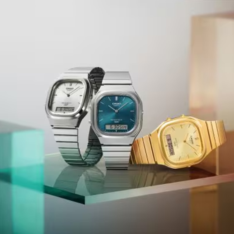 Main Image 6 of Casio AQ-240E-3AVEF Vintage Blue Square Dial Silver-Tone Bracelet Watch