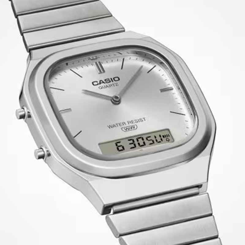 Main Image 4 of Casio AQ-240E-7AVEF Vintage White Square Dial Silver-Tone Bracelet Watch