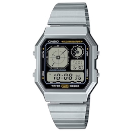 Casio A130WE-1AEF Retro Vintage Black Square Dial Silver-Tone Bracelet Watch