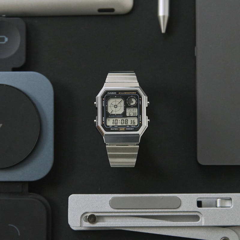 Main Image 5 of Casio A130WE-1AEF Retro Vintage Black Square Dial Silver-Tone Bracelet Watch