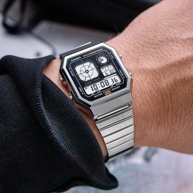Main Image 6 of Casio A130WE-1AEF Retro Vintage Black Square Dial Silver-Tone Bracelet Watch