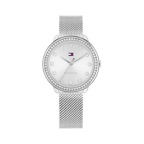 Tommy Hilfiger 32mm Women's Silver Sunray Dial Stainless Steel Mesh Watch with Crystal Bezel