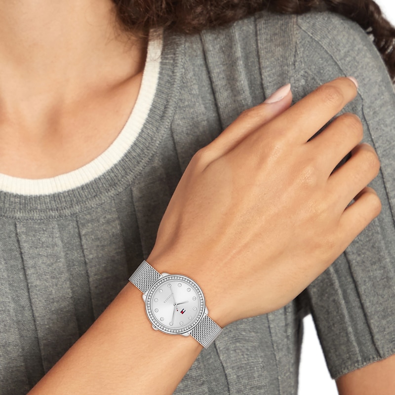 Main Image 4 of Tommy Hilfiger 32mm Women's Silver Sunray Dial Stainless Steel Mesh Watch with Crystal Bezel