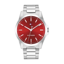 Tommy Hilfiger 43mm Men's Red Textured Sunray Dial Stainless Steel Bracelet Watch