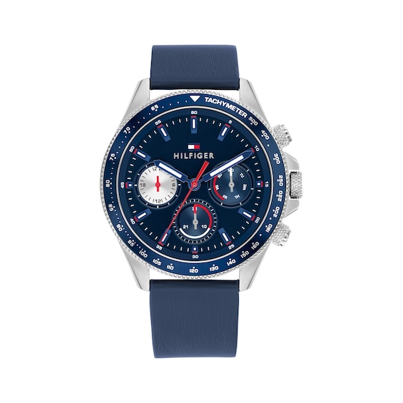 Tommy Hilfiger 44mm Men's Navy Blue Dial Navy Blue Leather Strap Watch