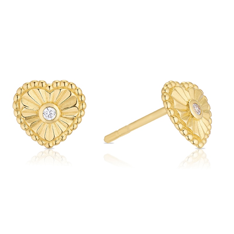 Main Image 1 of Sterling Silver Yellow Gold Plated Beaded Heart Cubic Zirconia Stud Earrings