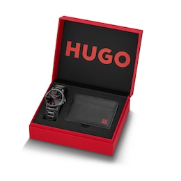 HUGO Men's #SMOOTH Black Cardholder & Black IP Stainless Steel Watch Gift Set