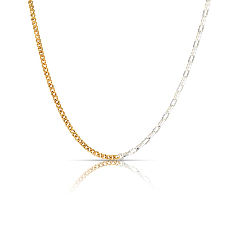 Main Image 1 of Sterling Silver & Yellow Gold Plated Two Tone Curb & Paper Link Chain Necklace 16+2"
