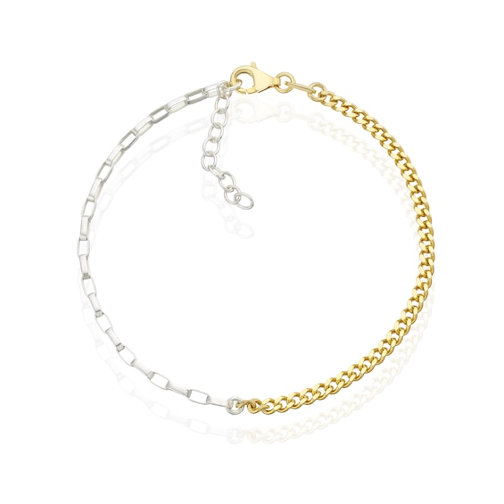 Sterling Silver & Yellow Gold Plated Two Tone Curb & Paper Link Bracelet 6.5+1"