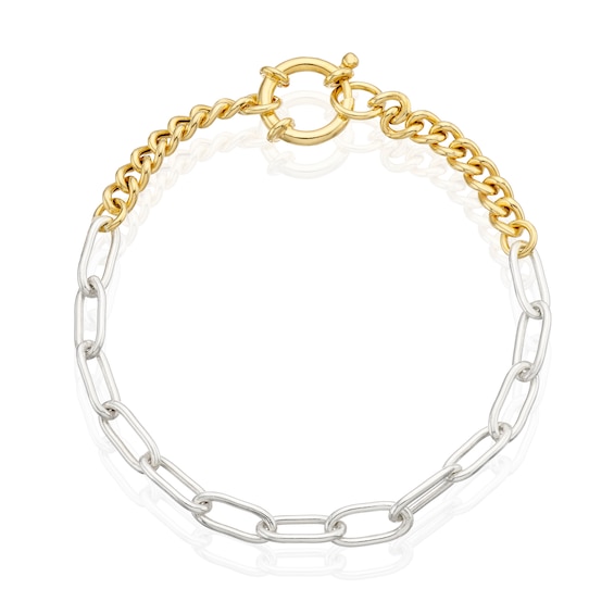 Sterling Silver & Yellow Gold Plated Two Tone Curb & Paper Link Bracelet 7"