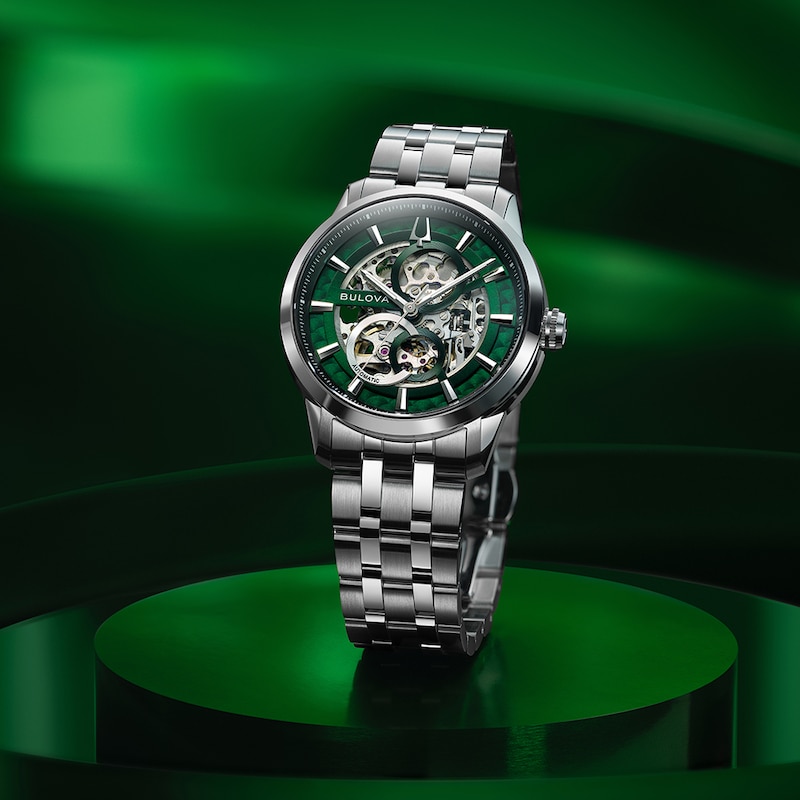 Main Image 4 of Bulova Sutton Automatic Men's Green Skeleton Dial Stainless Steel Bracelet Watch
