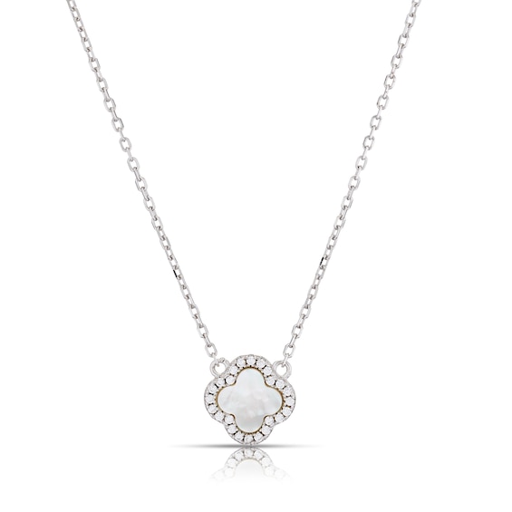 Sterling Silver Clover Mother Of Pearl and Cubic Zirconia Pendant
