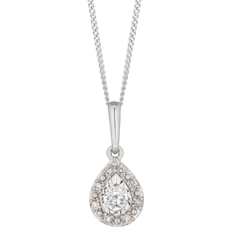 Main Image 1 of 9ct White Gold Pear 0.10ct Total Diamond Halo Pendant