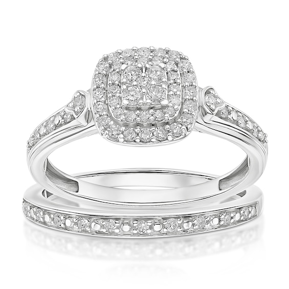 Engagement Ring Perfect Fit 9ct White Gold Bridal Set 0.33ct Diamond Double Halo Ring