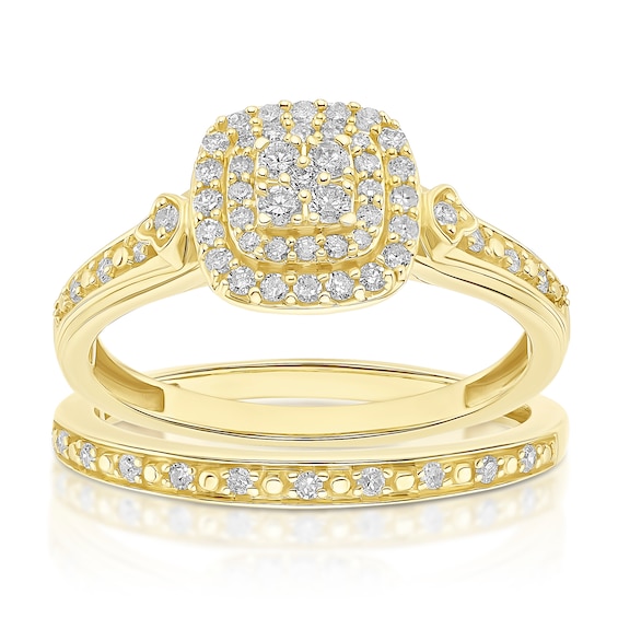 Engagement Ring Perfect Fit 9ct Yellow Gold Bridal Set 0.33ct Diamond Double Halo Ring