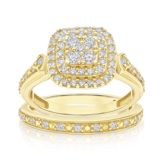 Engagement Ring Perfect Fit 9ct Yellow Gold Bridal Set 0.66ct Diamond Double Halo Ring