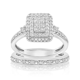 Perfect Fit Sterling Silver with Platinum Plating 0.50ct Diamond Rectangle Bridal Set