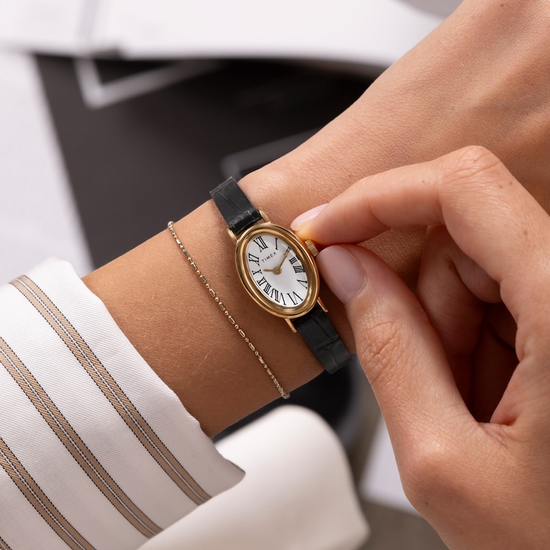 Main Image 2 of Timex Cavatina Women's Gold-Tone Case & Black Leather Strap Watch