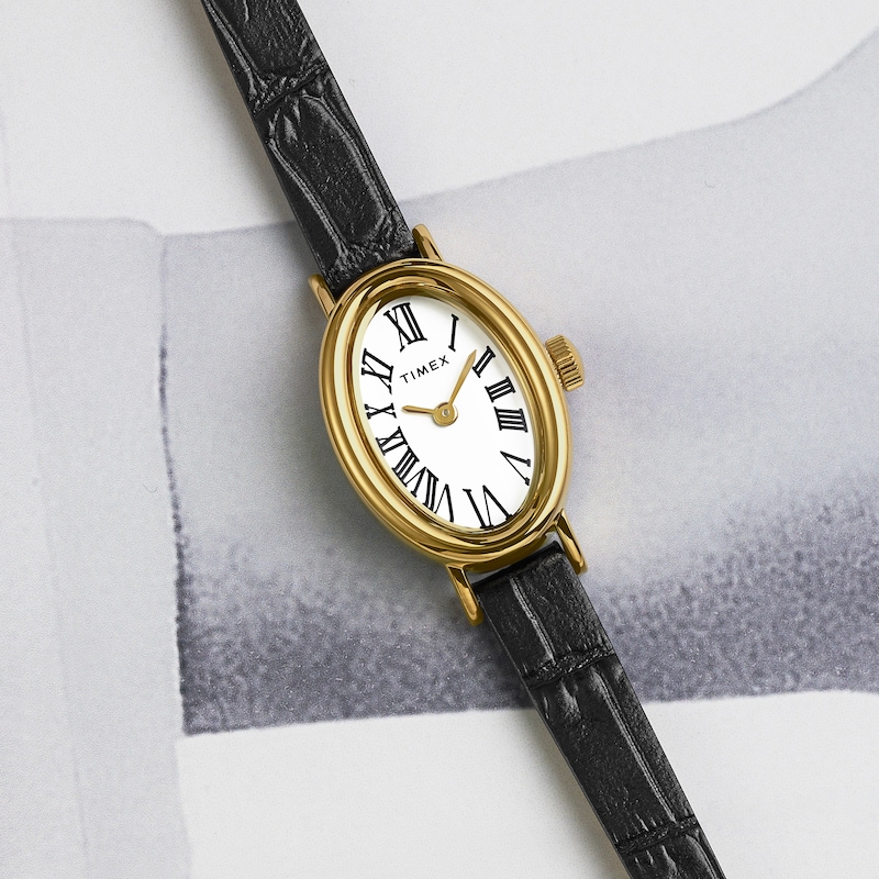 Main Image 4 of Timex Cavatina Women's Gold-Tone Case & Black Leather Strap Watch