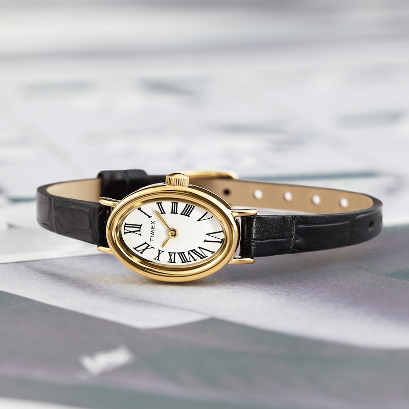 Main Image 5 of Timex Cavatina Women's Gold-Tone Case & Black Leather Strap Watch