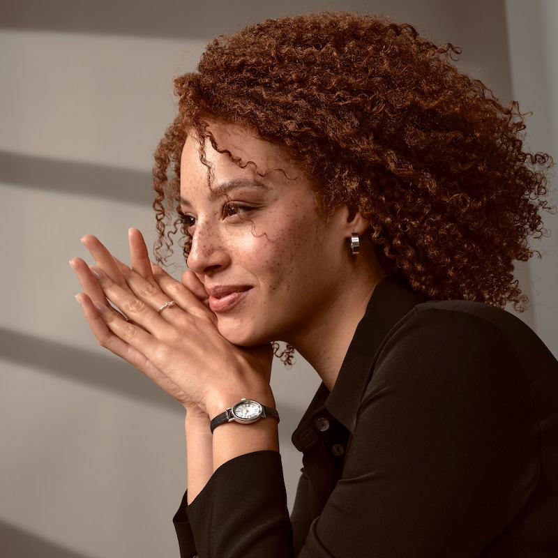 Main Image 3 of Timex Cavatina Women's Silver-Tone Case & Black Leather Strap Watch